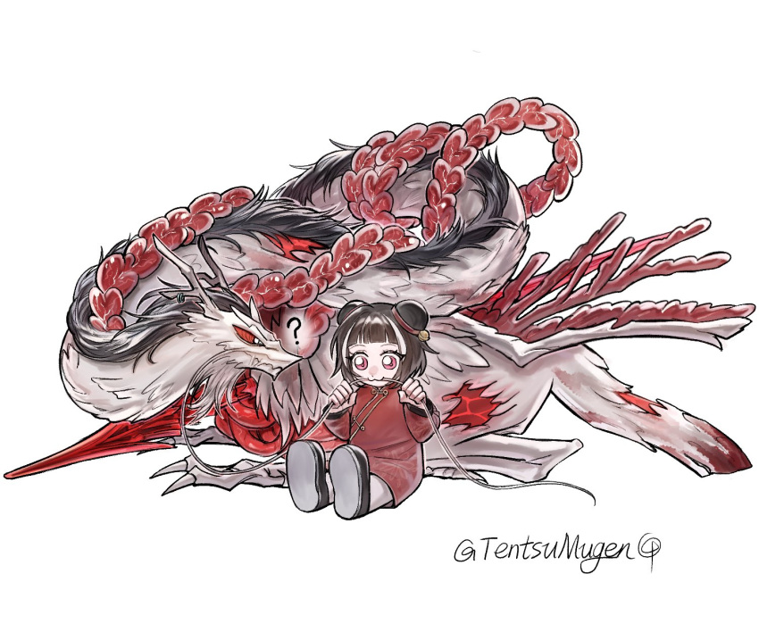 3, :3, ?, aged_down, animal_hands, antlers, artist_name, biting, biting_another, brother_and_sister, child, chinese_clothes, claws, closed_mouth, double_bun, dragon, dragon_horns, dragon_tail, e.g.o_(project_moon), hair_bun, highres, hong_lu_(project_moon), horns, injury, jia_xichun_(project_moon), limbus_company, project_moon, siblings, signature, tail, tears_of_the_tarnished_blood_(e.g.o), tentsumugen, twitter_username, violet_eyes, whiskers