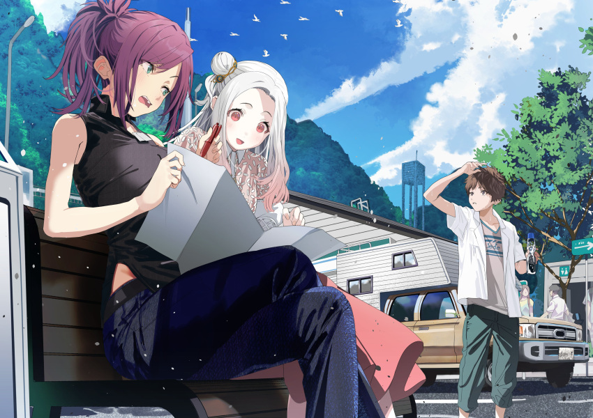 1boy, 2girls, absurdres, amei_kanna, arm_up, black_shirt, blue_sky, blush