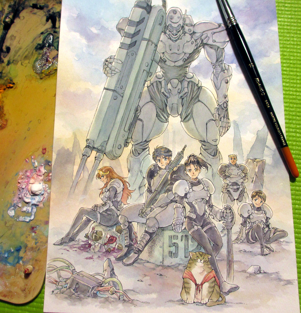 2boys, 3girls, agahari, animal, araigi_yumi, armor, art_brush, art_tools_in_frame