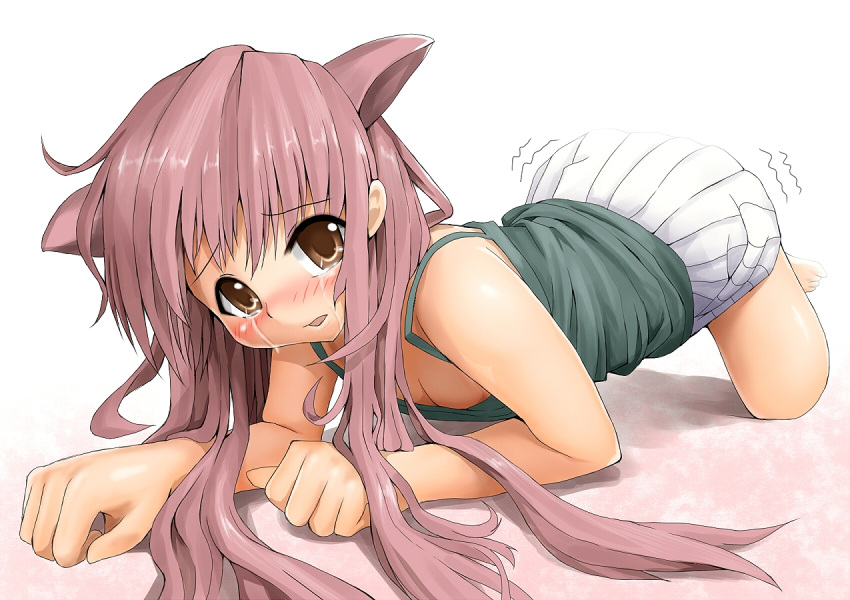 1girl, all_fours, animal_ears, barefoot, blastbeat, blush, brown_eyes, cat_ears
