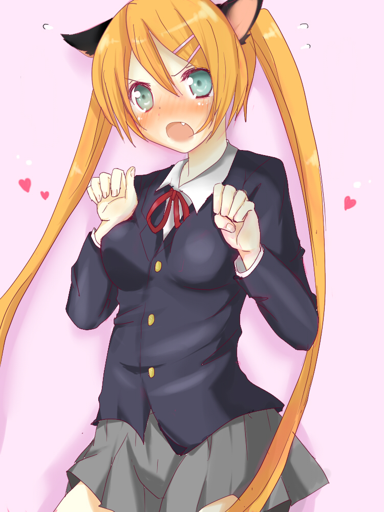 blue_eyes, cat_ears, cosplay, fang, k-on!, kousaka_kirino, long_hair, look-alike, nakano_azusa, nakano_azusa_(cosplay), orange_hair, ore_no_imouto_ga_konna_ni_kawaii_wake_ga_nai, school_uniform, seiyuu_connection, taketatsu_ayana, twintails, zeppeki_airin
