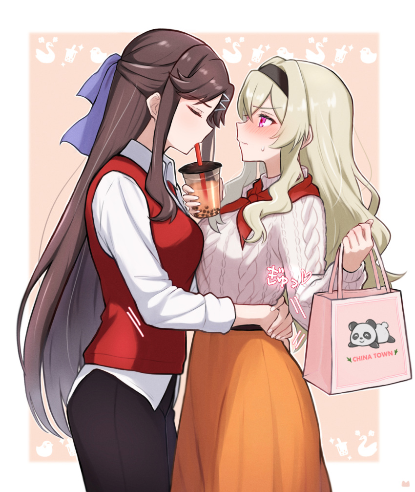 2girls, animal_background, aran_sweater, bag, black_hairband, black_pants, blonde_hair, blush