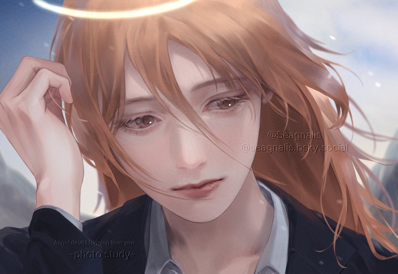 1boy, angel, angel_devil_(chainsaw_man), bluesky_username, chainsaw_man, collared_shirt, commentary_request, eyelashes