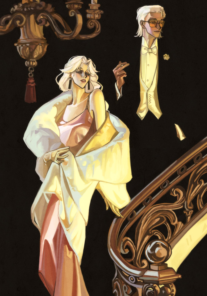 1boy, 1girl, black_coat, bow, bowtie, chandelier, cigarette, coat