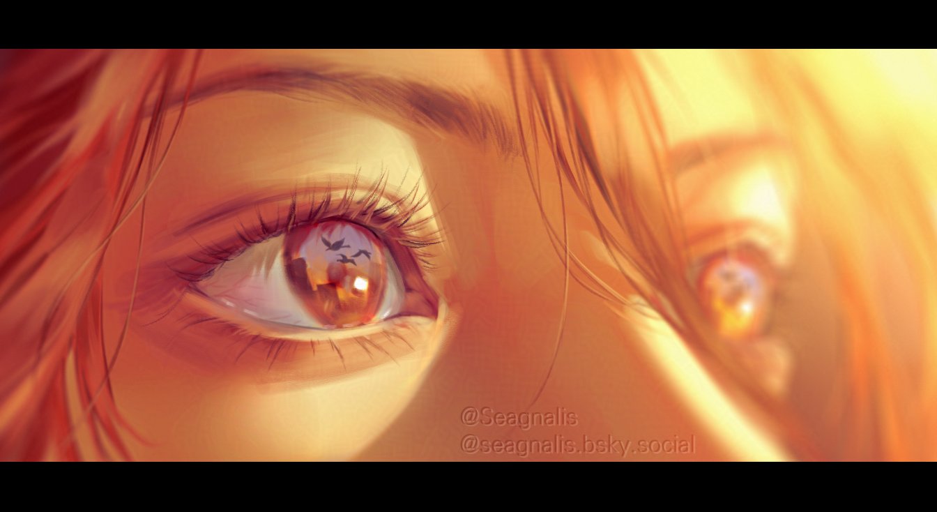 1boy, angel_devil_(chainsaw_man), bluesky_username, chainsaw_man, eye_reflection, eyelashes, hair_between_eyes, letterboxed, long_hair, male_focus, reflection, seagnalis, solo, twitter_username