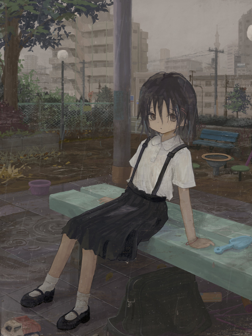 1girl, absurdres, bag, bench, black_bag, black_hair, black_shoes, black_skirt