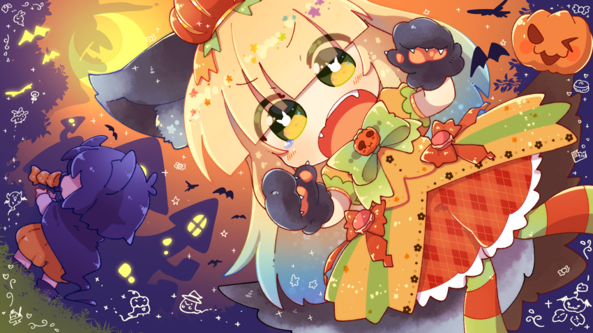 1girl, 1other, 774radio_bug, animal_ears, animal_hands, blonde_hair, blunt_bangs, bow, bowtie, chibi, commentary_request, dress, gloves, green_bow, green_bowtie, green_eyes, halloween, indie_utaite, lolita_fashion, looking_at_viewer, moon, nanahira, official_art, open_mouth, orange_dress, outdoors, paw_gloves, pumpkin, smile, utaite, wolf_ears