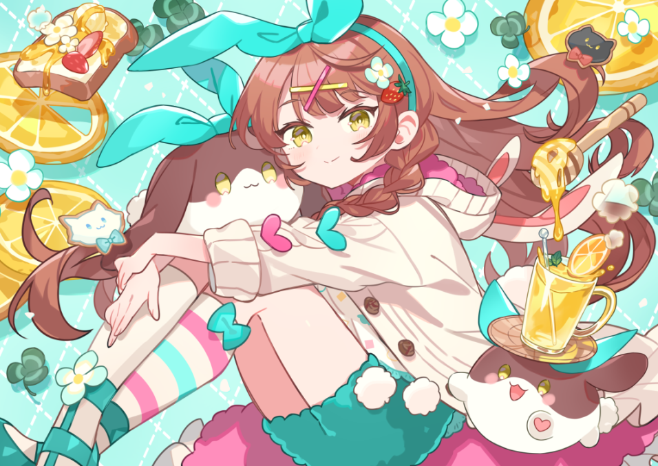1girl, animal_ears, animal_hood, bebe_(nanahira), braid, bread, brown_hair, cardigan, commentary_request, cookie, cup, drink, fake_animal_ears, food, fruit, green_shorts, honey, hood, hood_down, indie_utaite, kanyoko_(yuzukano_17), lemon, lemon_slice, long_hair, looking_at_viewer, mite_(nanahira), nanahira, omochi_(nanahira), open_cardigan, open_clothes, rabbit, rabbit_hood, shorts, side_braid, sitting, solo, stuffed_animal, stuffed_rabbit, stuffed_toy, utaite, yellow_eyes