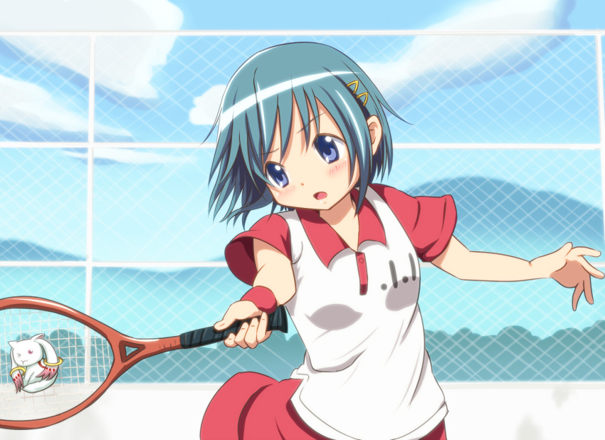 blue_hair, diesel-turbo, kitamura_eri, kyubey, mahou_shoujo_madoka_magica, miki_sayaka, racket, sawanatsu_kotone