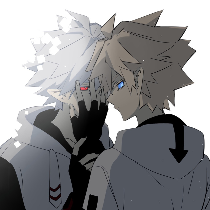 2boys, ahoge, aotu_world, black_gloves, black_nails, blonde_hair, blue_eyes, chinese_commentary
