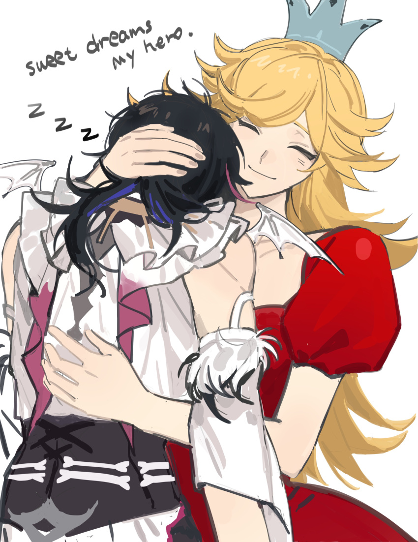 1boy, 1girl, absurdres, babe_(jump_king), black_corset, black_hair, blonde_hair, blue_hair