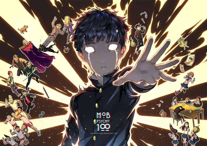 5girls, 6+boys, animal, black_hair, black_jacket, blank_eyes, character_request, commentary