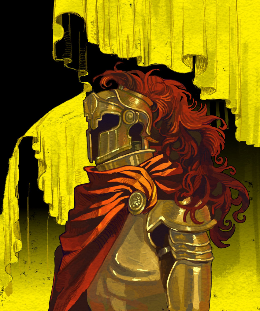 2others, armor, brooch, cloak, cotimne, d3rlord3, faceless, from_side, galea_helmet, helmet, highres, jewelry, multiple_others, painterly, red_cloak, robe, searching_for_a_world_that_doesn't_exist, size_difference, the_king_in_yellow_(searching_for_a_world_that_doesn't_exist), upper_body