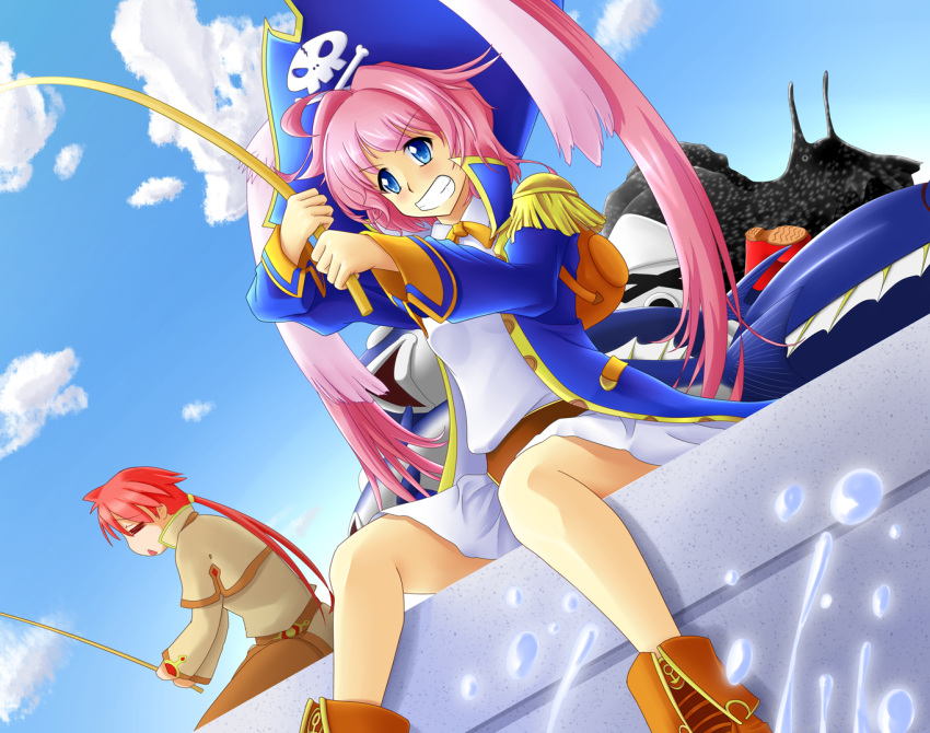 >_<, 1boy, 1girl, blue_coat, blue_eyes, boots, breasts, brown_boots
