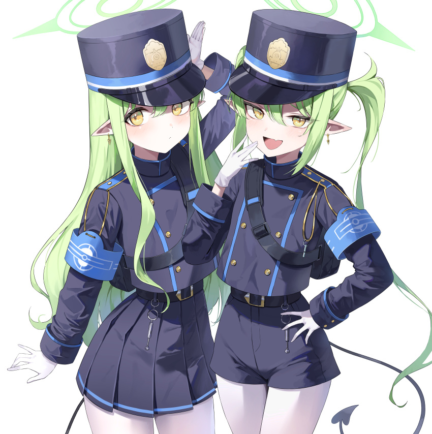 2girls, absurdres, arm_up, armband, blue_archive, blue_armband, blue_hat, blue_shirt, blue_shorts, closed_mouth, commentary, cowboy_shot, demon_tail, earrings, fang, gamgyul, garrison_cap, gloves, green_hair, green_halo, halo, hand_on_own_hip, hand_up, hat, highres, hikari_(blue_archive), jewelry, long_hair, long_sleeves, looking_at_viewer, multiple_girls, nozomi_(blue_archive), open_mouth, pantyhose, pleated_skirt, pointy_ears, shirt, shorts, simple_background, skin_fang, skirt, smile, tail, twintails, white_background, white_gloves, white_pantyhose, yellow_eyes