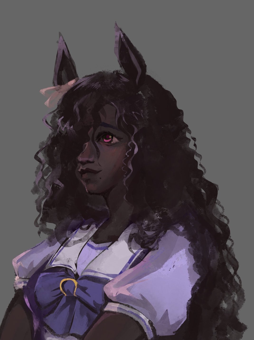 1girl, animal_ears, black_hair, closed_mouth, curly_hair, dark-skinned_female, dark_skin, english_commentary