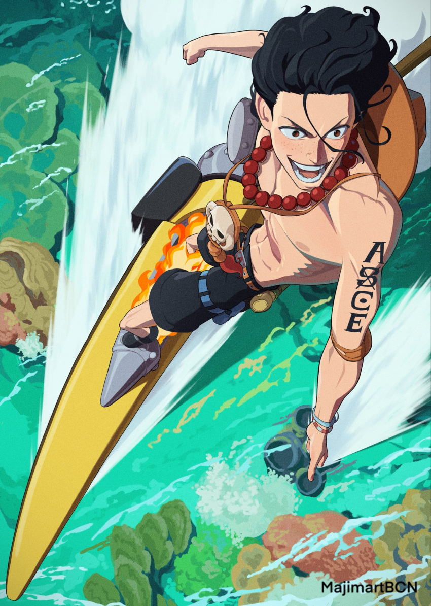 1boy, arm_tattoo, artist_name, black_hair, black_shorts, bracelet, commentary, freckles
