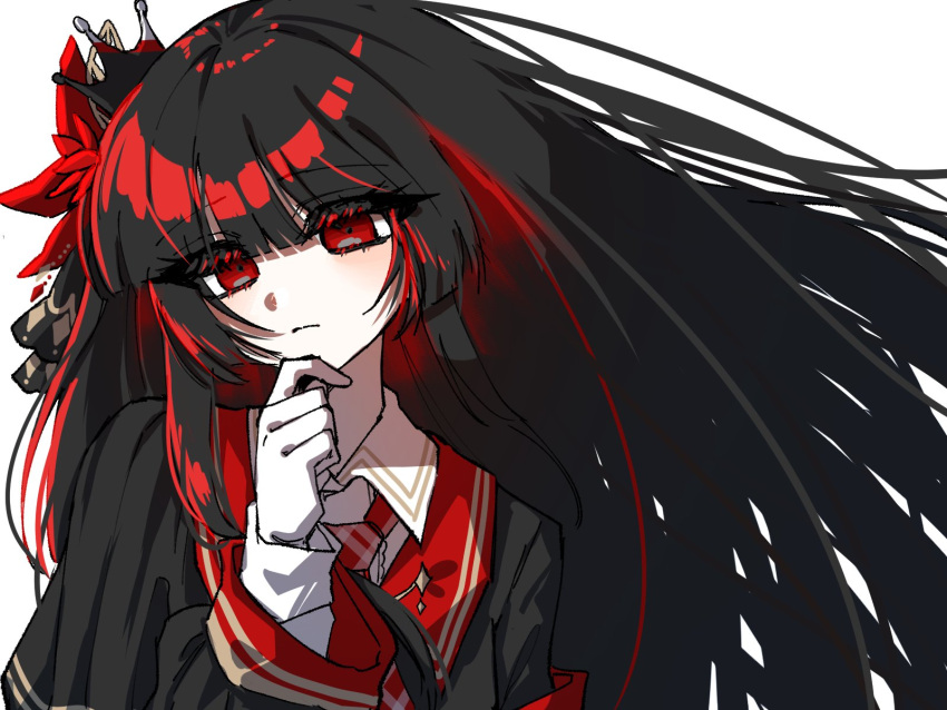 1girl, black_hair, black_shirt, blunt_bangs, closed_mouth, collared_shirt, crown, flower