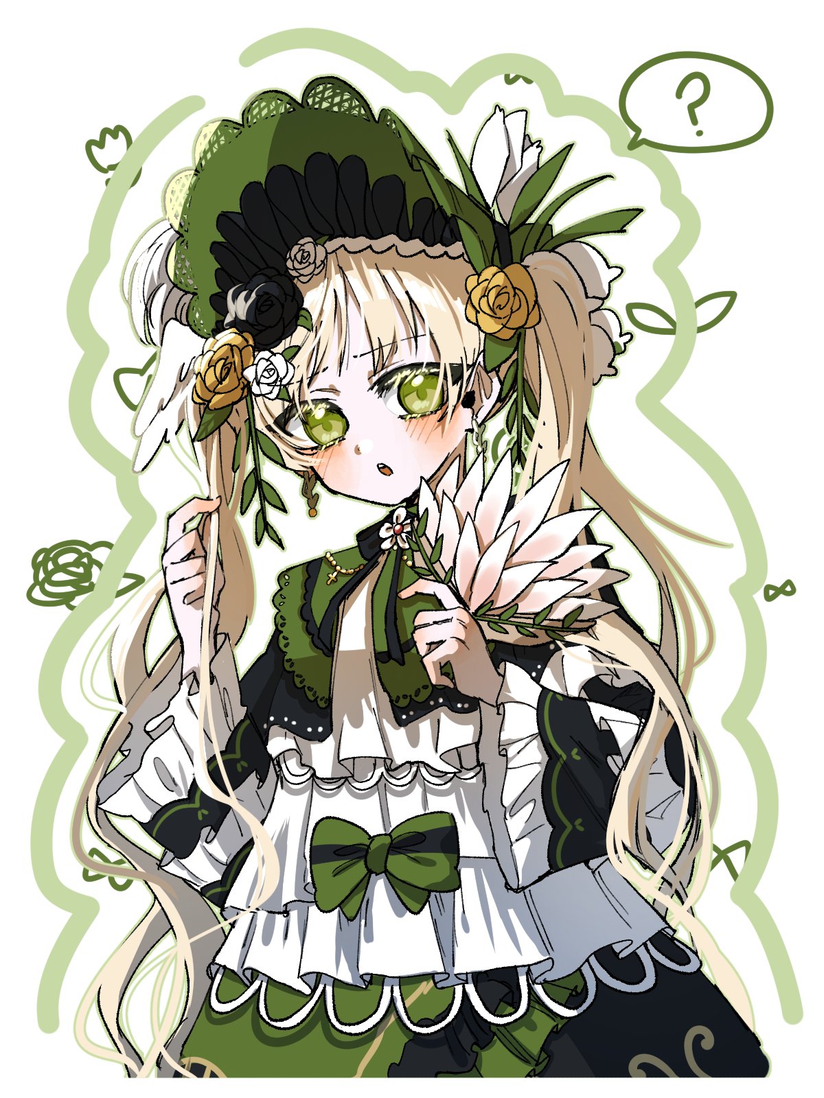1girl, ?, black_flower, black_rose, blonde_hair, bonnet, bow, commentary