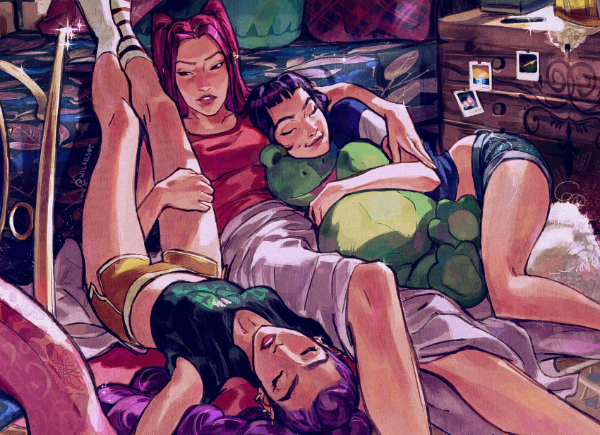 3girls, against_bed, against_furniture, braid, braided_ponytail, closed_eyes, crop_top, cuddling