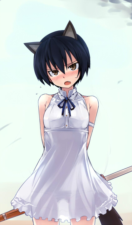 animal_ears, arms_behind_back, black_hair, blush, cat_ears, fang, lowleg, lowleg_panties, null_(nyanpyoun), panties, see-through, short_hair, skirt, solo, strike_witches, tail, underwear, wakamoto_tetsuko, yellow_eyes