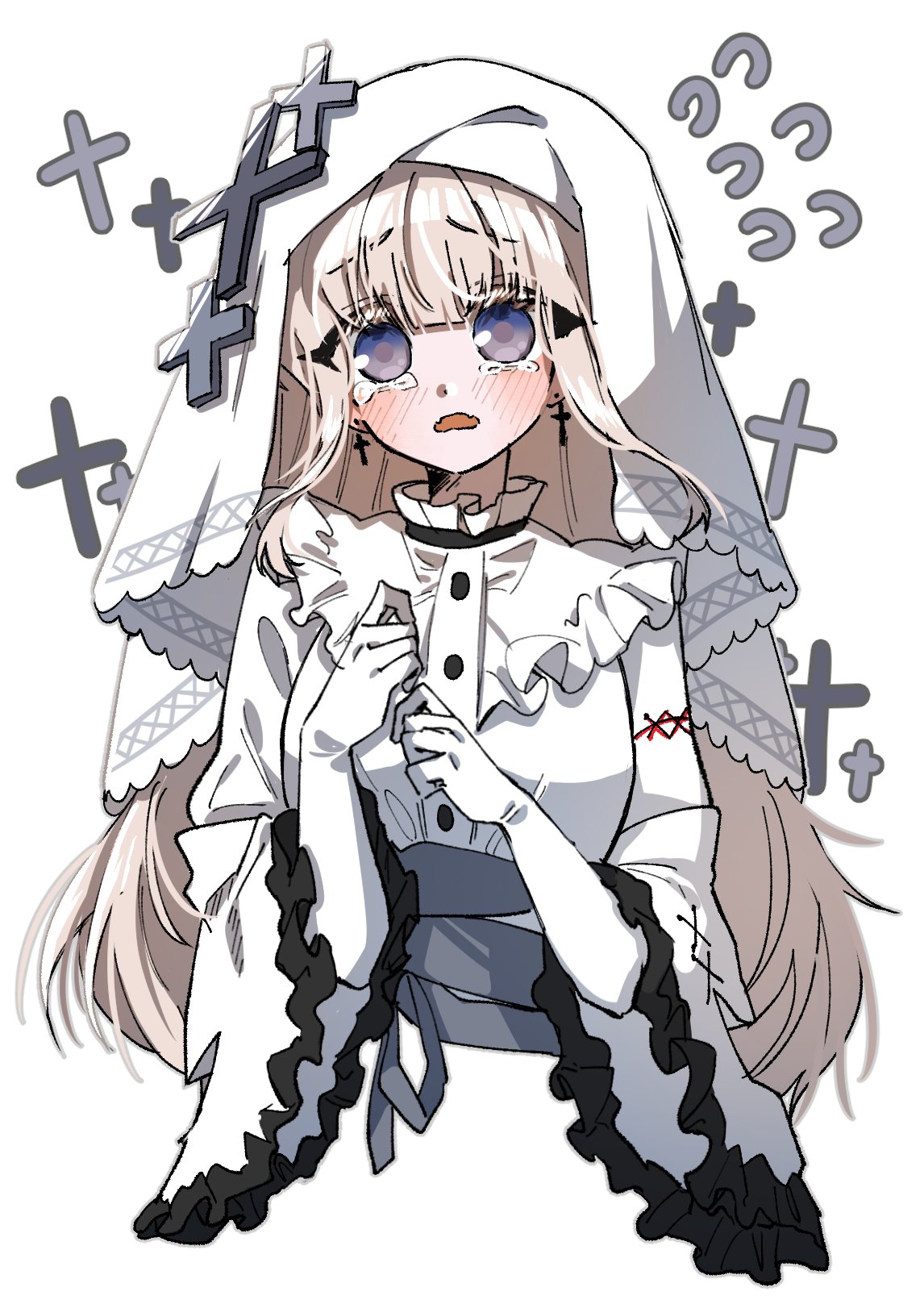 1girl, blonde_hair, blunt_bangs, breasts, commentary, cross, cross_earrings, crying
