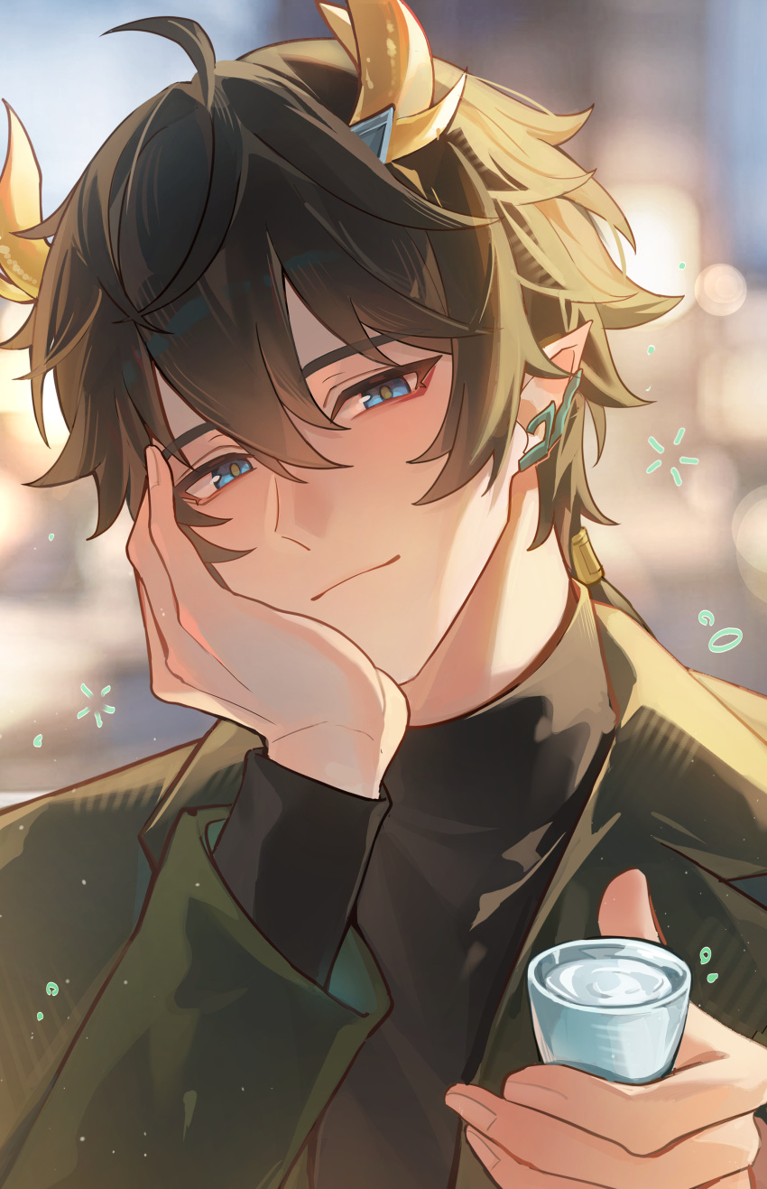 1boy, absurdres, ahoge, alcohol, alternate_costume, black_hair, black_shirt, blue_eyes