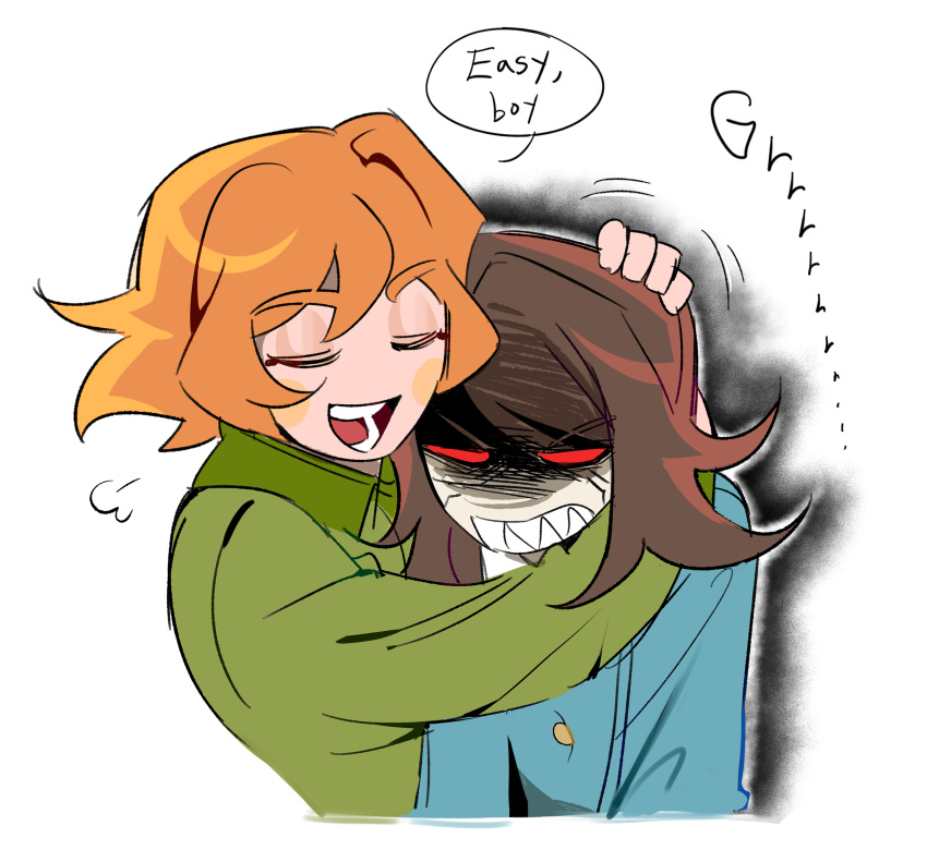 1boy, 1girl, abaddon_(haunted_hotel), abaddon_(human)_(haunted_hotel), absurdres, brown_hair, clenched_teeth, closed_eyes