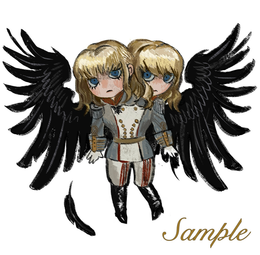 atergraham, bird_wings, black_boots, black_wings, blonde_hair, blue_hair, blush, boots