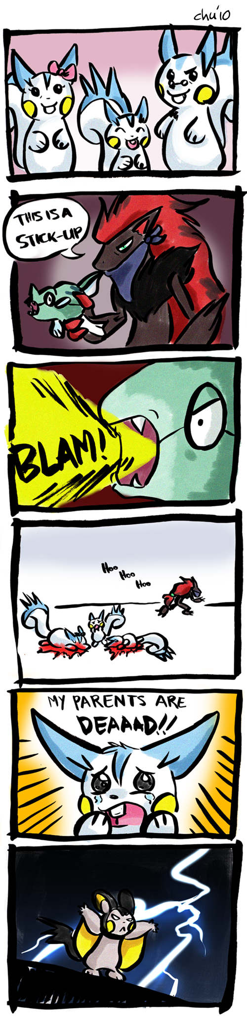 batman, blood, bow, chu_(raizap), comic, dc_comics, death, emolga, emonga, glasses, gun, highres, lightning, long_image, no_humans, pachirisu, parody, pokemon, pokã©mon, raizy, remoraid, remoraid_(cameo), rodent, squirrel, tall_image, tears, weapon, zoroark