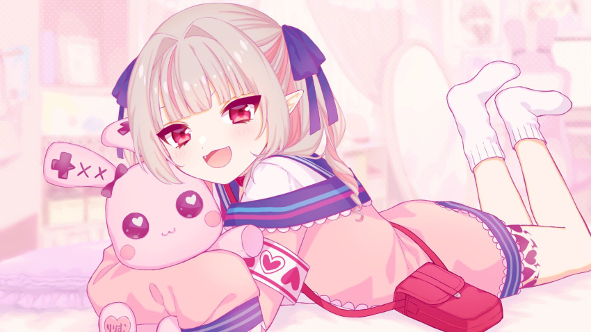 1girl, armband, bag, belt_collar, blue_ribbon, blue_sailor_collar, blunt_bangs, blurry