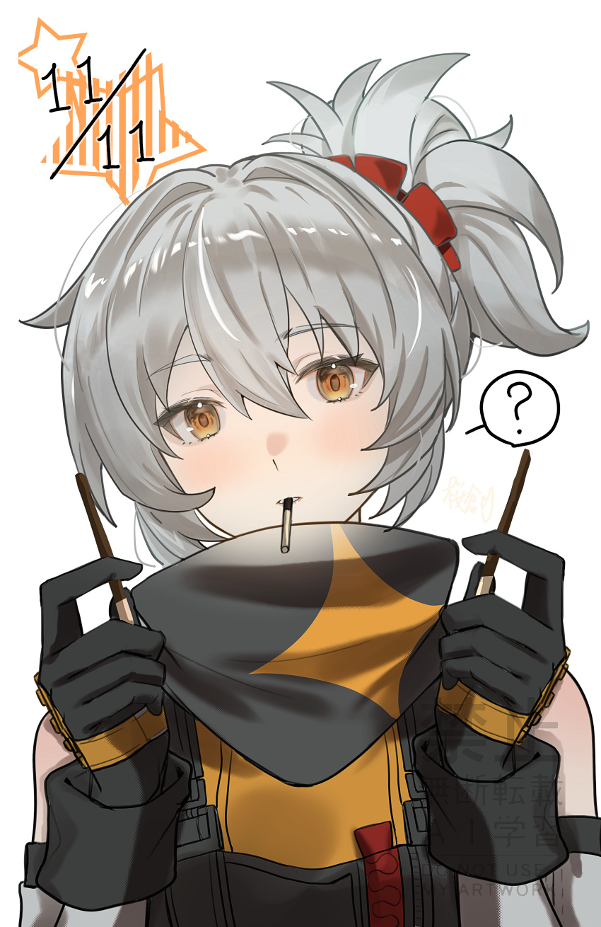 1girl, ?, absurdres, bandana, bandana_around_neck, bare_shoulders, black_bandana, black_gloves, blush, commentary_request, dated, detached_sleeves, food, food_in_mouth, gloves, grey_hair, grey_sleeves, hair_between_eyes, head_tilt, highres, holding, holding_food, holding_pocky, orange_eyes, pocky, pocky_in_mouth, ponytail, portrait, sakuraso, simple_background, soldier_11_(zenless_zone_zero), solo, spoken_question_mark, star_(symbol), watermark, white_background, zenless_zone_zero