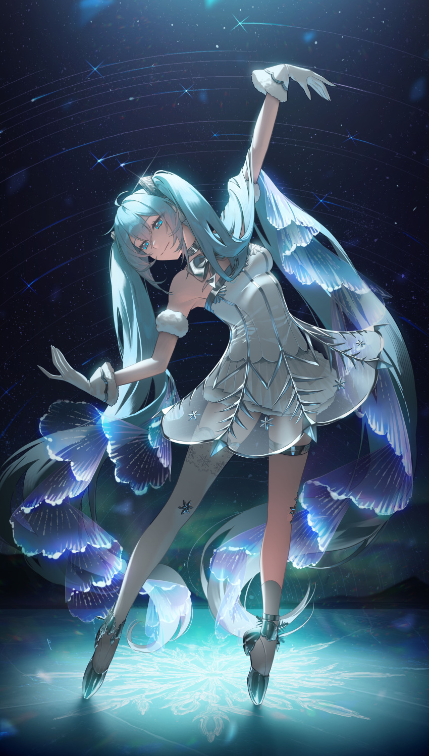 1girl, absurdres, aqua_eyes, aqua_hair, arm_up, asymmetrical_legwear, ballerina, ballet