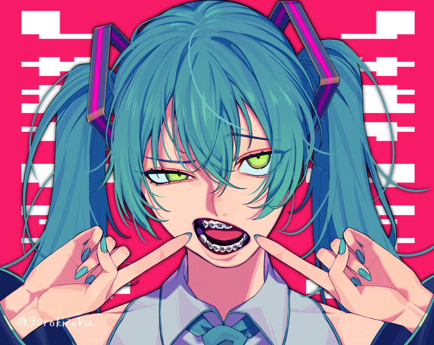 1girl, absurdres, alternate_eye_color, aqua_hair, aqua_nails, aqua_trim, braces, crossed_bangs