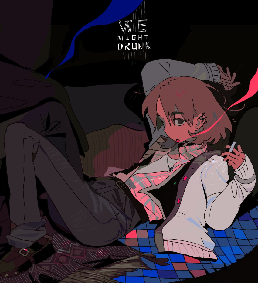 arm_up, belt, black_eyes, blonde_hair, cigarette, color_contrast, ear_piercing, earrings