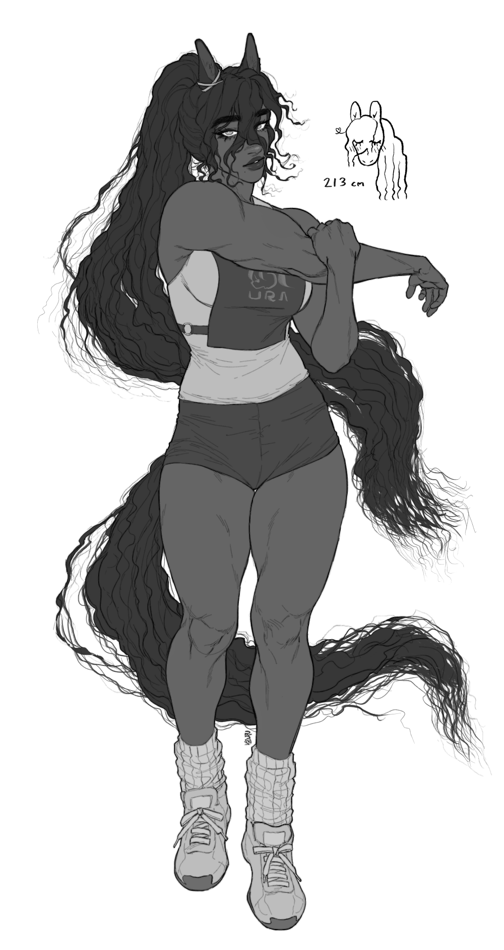 1girl, animal_ears, ankle_socks, breasts, commentary, cornrows, dark-skinned_female, dark_skin