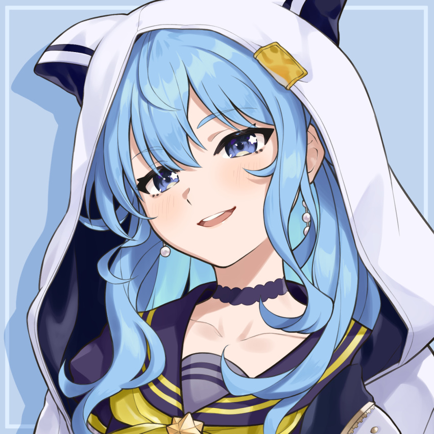 1girl, animal_hood, black_choker, black_sailor_collar, black_shirt, blue_background, blue_eyes, blue_hair