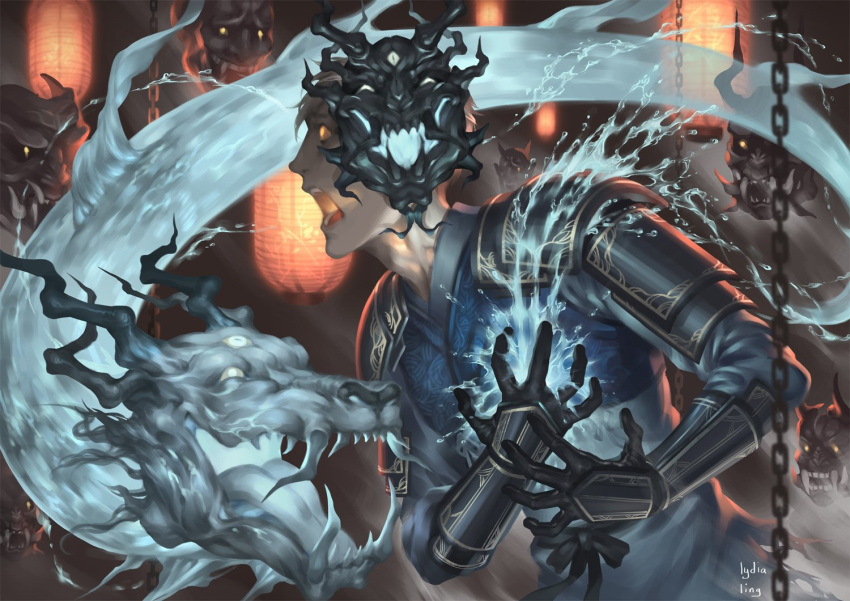1boy, armor, black_gloves, blue_kimono, chain, dragon, floating_mask, gloves, grey_hair, hand_on_own_chest, japanese_clothes, kimono, looking_up, lydialing_draws, male_focus, mask, nose, oni_mask, open_mouth, orange_eyes, original, pain, scared, short_hair, shoulder_armor, solo, upper_body, water