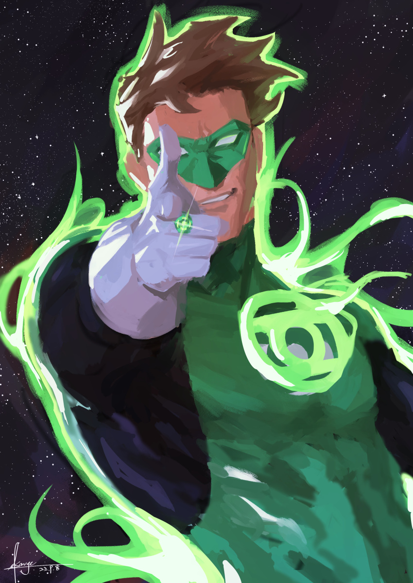 absurdres, black_bodysuit, bodysuit, brown_hair, covered_abs, dc_comics, domino_mask, eye_mask, gloves, green_bodysuit, green_lantern, green_lantern_(series), green_lantern_corps, grey_bodysuit, hal_jordan, highres, large_pectorals, male_focus, mask, multicolored_bodysuit, muscular, muscular_male, pectorals, power_ring_(green_lantern), short_hair, smile, superhero_costume, two-tone_bodysuit, white_gloves, who_thehell_is