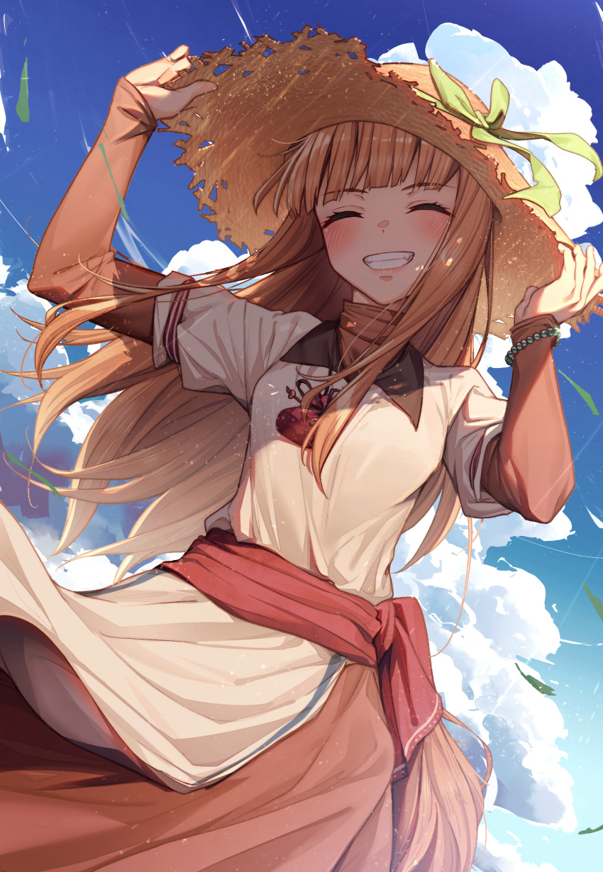 1girl, :d, ^_^, adapted_costume, arms_up, bead_bracelet, beads, blue_sky