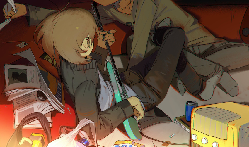 2boys, bag, beer_can, black_jacket, black_nails, black_pants, blonde_hair, can