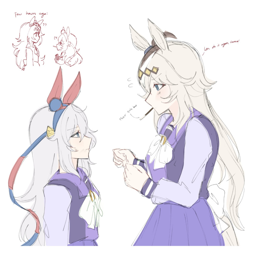 2girls, ahoge, animal_ears, blue_eyes, blue_hairband, blush, bow, bowtie