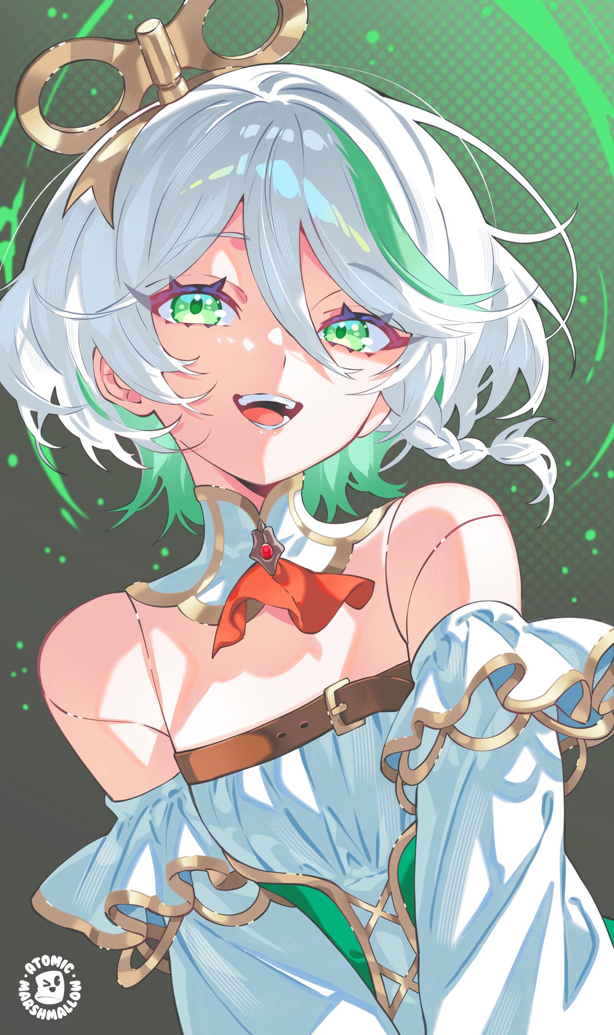 1girl, artist_logo, atomicmrshmallw, braid, cecilia_immergreen, cecilia_immergreen_(1st_costume), colored_inner_hair, detached_collar