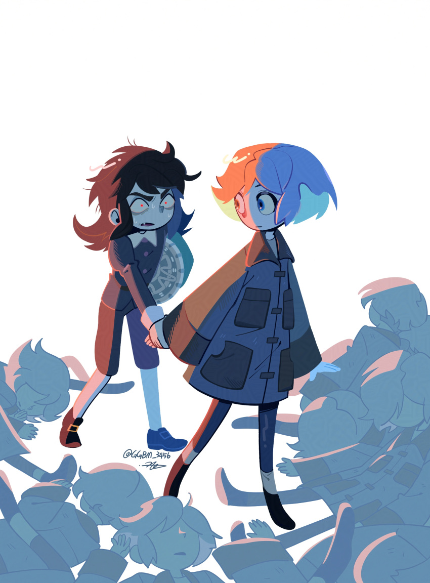 1boy, 6+girls, abaddon_(haunted_hotel), absurdres, blue_coat, brown_hair, clone, coat