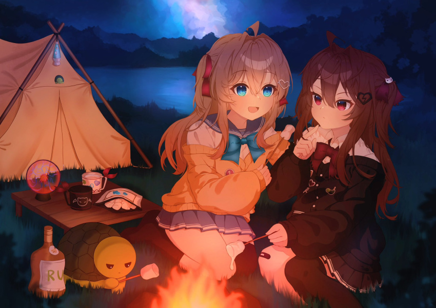 2girls, ahoge, asymmetrical_legwear, bandaid, bandaid_on_knee, bandaid_on_leg, black_cardigan, black_skirt