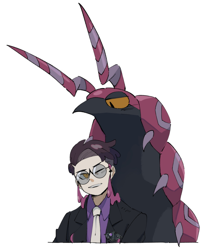 1boy, antennae, black-framed_eyewear, black_jacket, collared_shirt, corbeau_(pokemon), cropped_torso, highres