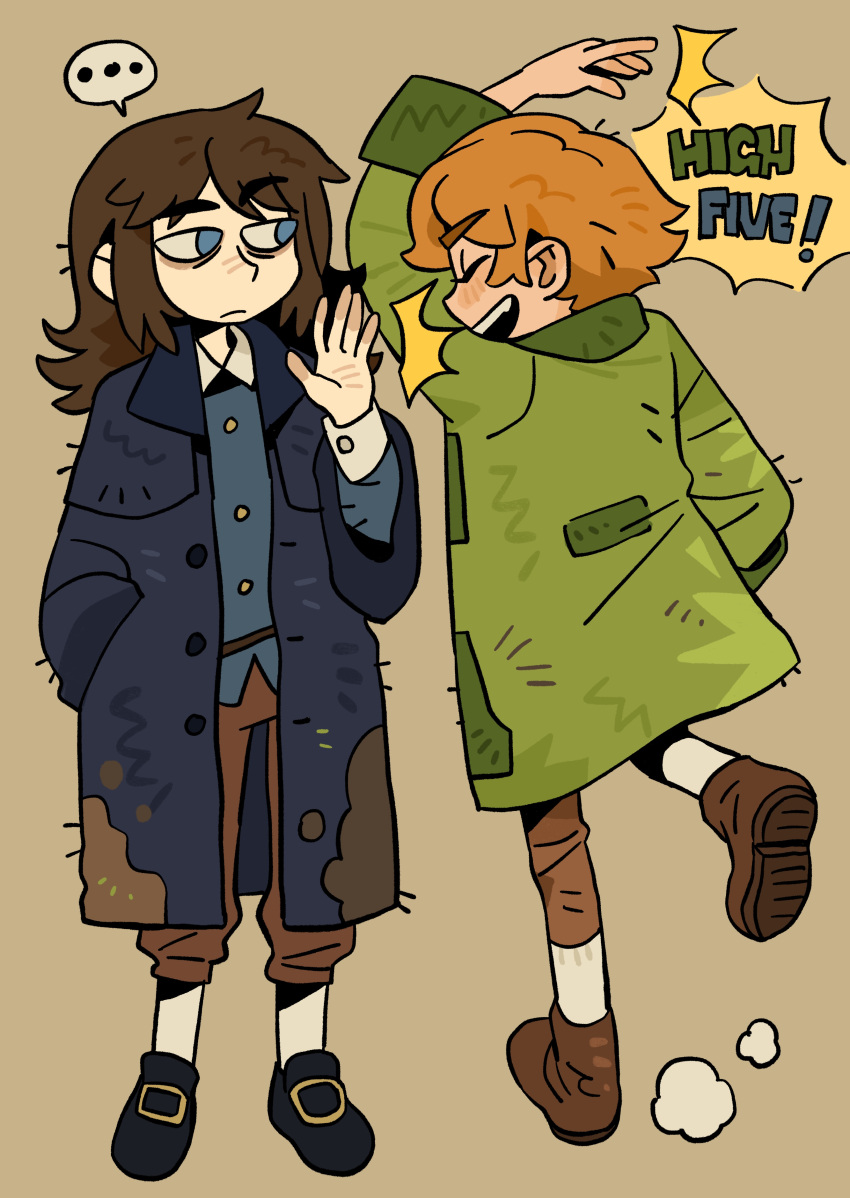1boy, 1girl, abaddon_(haunted_hotel), absurdres, blue_coat, blue_eyes, brown_background, brown_hair