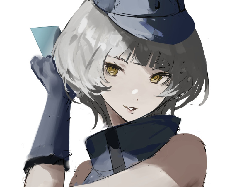 1girl, bare_shoulders, blue_card, blue_gloves, blue_hat, blue_shirt, blunt_bangs, card