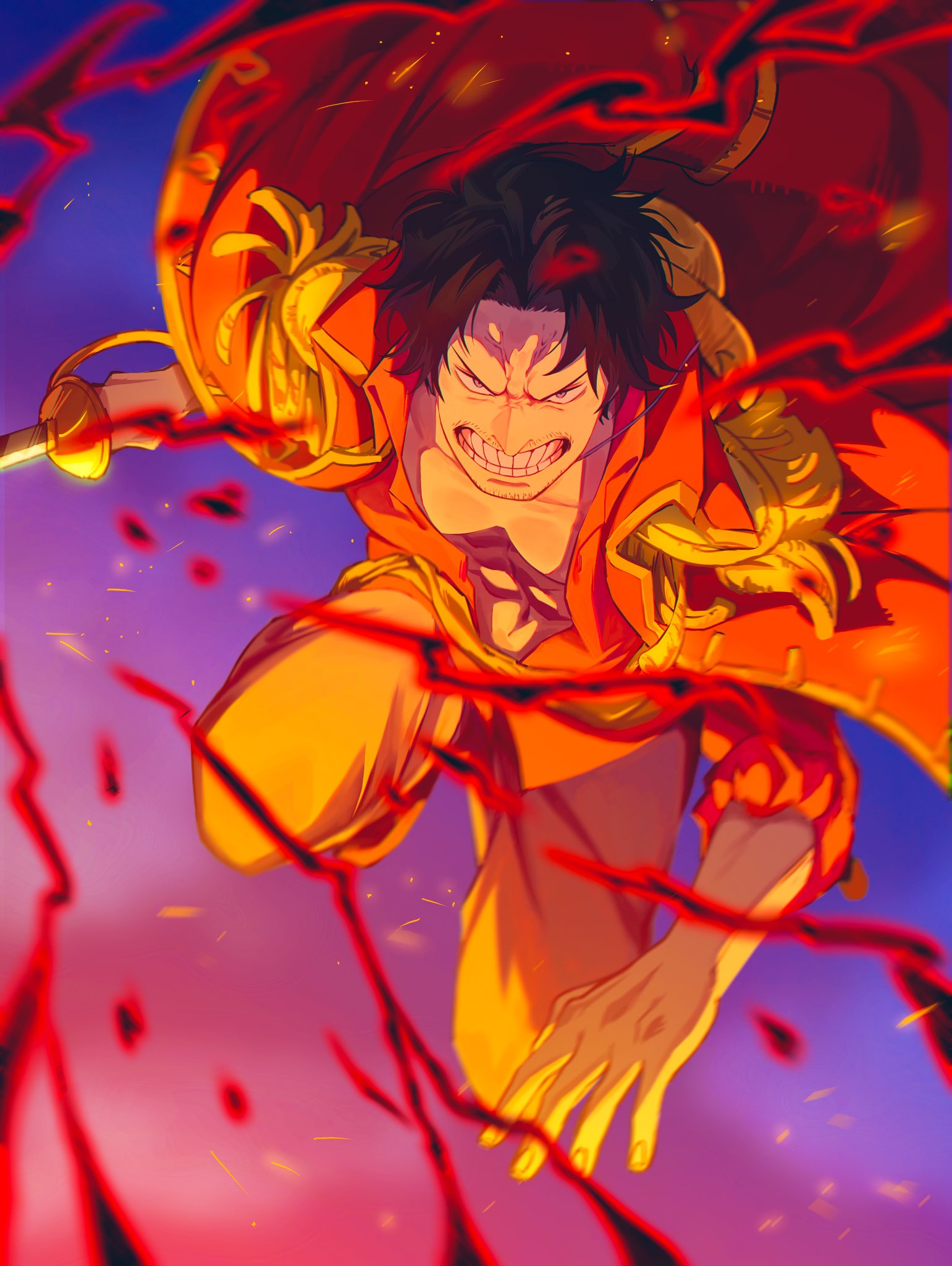 1boy, aged_down, black_hair, clenched_teeth, coat, commentary_request, fighting_stance, gol_d._roger
