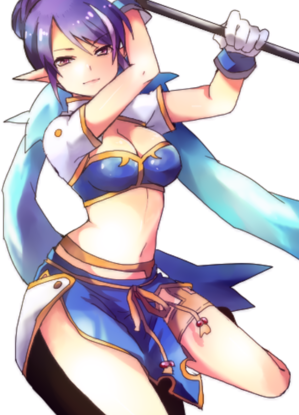 gloves, judith, kuzumiya_yuyu, long_hair, midriff, pointy_ears, polearm, solo, tales_of_(series), tales_of_vesperia, weapon